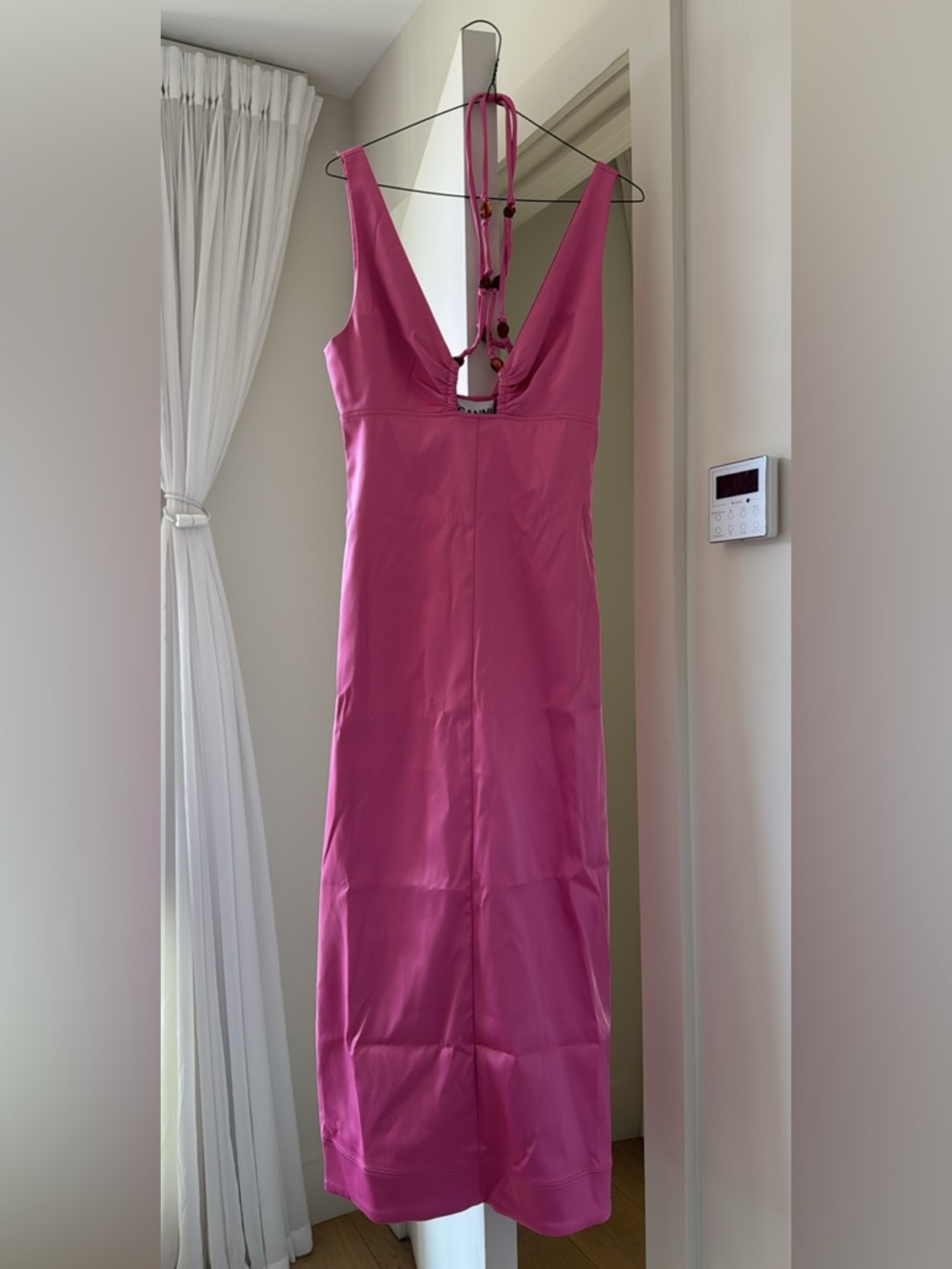 Ganni Fuchsia Halter V-Neck Midi Dress